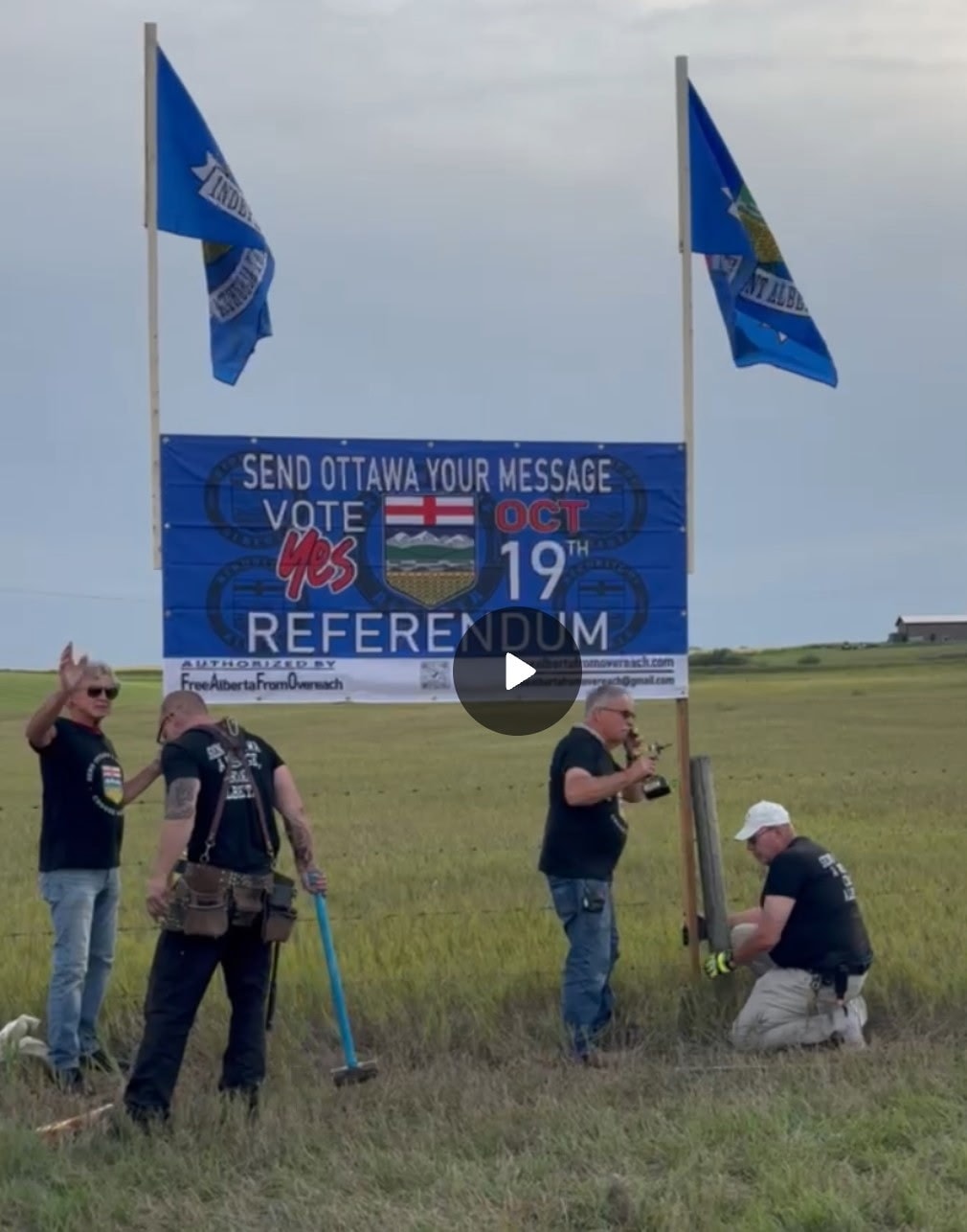 Crew building referendum sign on the prairies